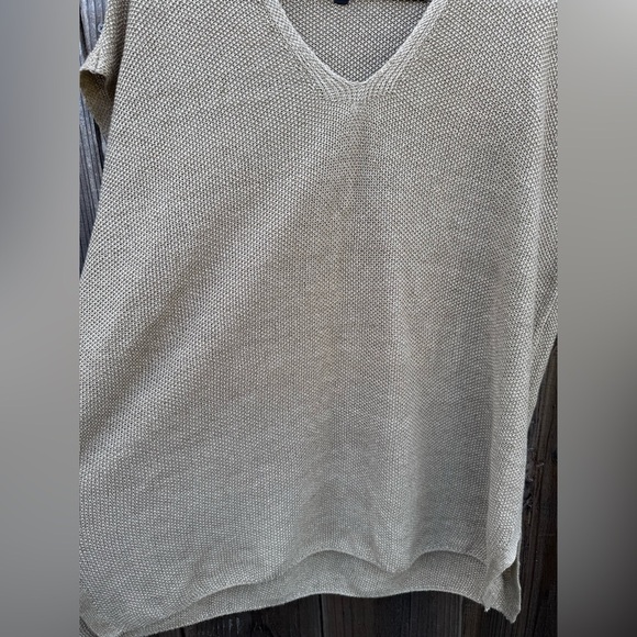 Eileen Fisher Organic Linen Delave V-Neck Knit Top Khaki Tan petite small - Picture 7 of 16